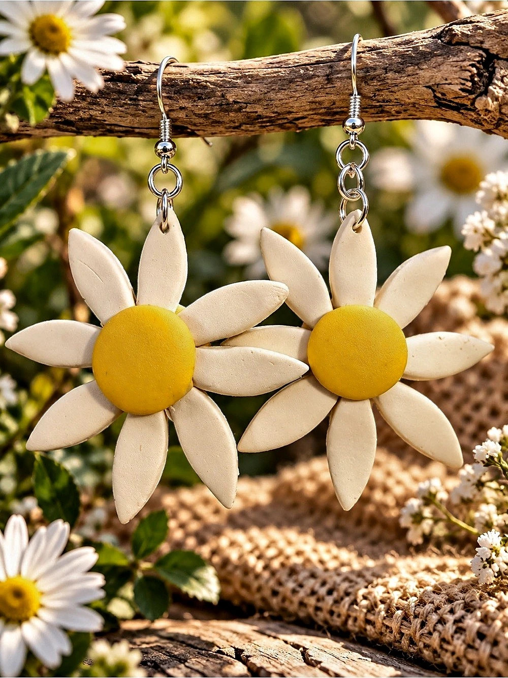 Daisy Flower Drop Earrings in Yellow & White